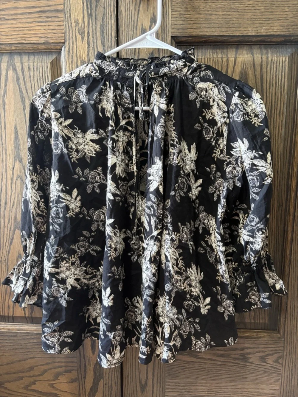 Free People Black Floral Smocked-Neck Peasant Blouse